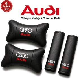 Resim BsElektronik Audi Kırmızı Beyaz Logolu Papyon Yastık Boyun Yastığı + Emniyet Kemeri Kılıfı Takım 