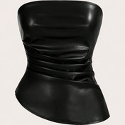 Resim Kadınlar için Siyah Büzgülü Asimetrik Etekli Tüp Üst - Kolsuz Askısız Parti & Dışarı Çıkma Üstü, Esnek Polyester Karışımı, İlkbahar/Yaz/Sonbahar için Retro Tarz 