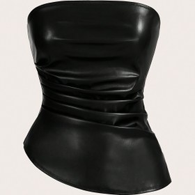 Resim Kadınlar için Siyah Büzgülü Asimetrik Etekli Tüp Üst - Kolsuz Askısız Parti & Dışarı Çıkma Üstü, Esnek Polyester Karışımı, İlkbahar/Yaz/Sonbahar için Retro Tarz 
