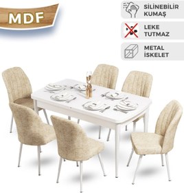 Resim Canisa Concept Mun Serisi 80x132 Açılabilir Mdf Beyaz Mutfak Masa Takımı 6 Krem Sandalye 