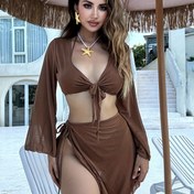 Resim Solid Color 4-parça Bikini Seti Uzun Kollu Üst, Bel Bağı Etek, Plaj Giyim, Moda Mayo, Havuz Yanı Giyim, Yaz Gereksinimleri 