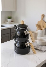 Resim Sultan - Bambu Kulplu Emaye Çaydanlık Takımı Siyah 