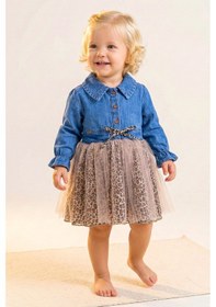 Resim Babymod Denim Leopar Desenli Şık Özel Gün Kız Bebek Elbise Bej 
