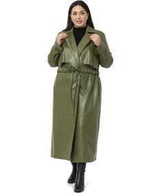 Resim Büyük Beden Büzgülü Kemerli Rüzgarlıklı Uzun Deri Astarlı Haki Kaban-haki Haki 