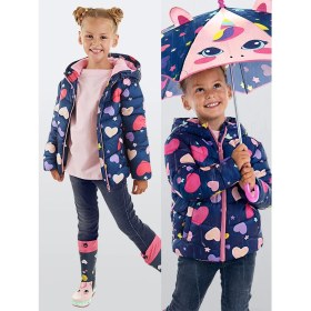 Resim Denokids Kız Çocuk Su İtici Lacivert Kapüşonlu Unicorn Desenli Mont 3 Yaş Uzun Kol 
