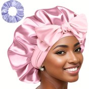 Resim SPRINSOO 2'li Set "Geniş Alan" Lüks Düz Renk Saten Bonnet ile Saten Scrunchies Büyük Yumuşak y Bonnet Uyku için Saten Saç Bonnet Gece Kapağı Saç Bakım Şapkası Bağlama Bandı ile Bonnetler 