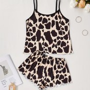 Resim Kadınların Seksi Leopar Desenli Fırfırlı Pijama Takımı, Yuvarlak Yaka Sırtı Açık Kısa Üst & Şort, Rahat Bol Kesim 