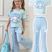 Resim Sanrio Ku'lo'M Büyük Kulaklı Köpek Kızlar Yıldız Kısa Kollu Yuvarlak Yaka Tişört + Dar Kesim Geniş Paça Pantolon İki Parçalı Takım, Dış Mekan İçin Mükemmel 