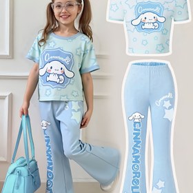 Resim Sanrio Ku'lo'M Büyük Kulaklı Köpek Kızlar Yıldız Kısa Kollu Yuvarlak Yaka Tişört + Dar Kesim Geniş Paça Pantolon İki Parçalı Takım, Dış Mekan İçin Mükemmel 