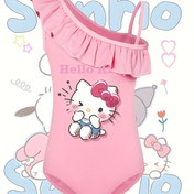 Resim Sanrio Kızlar Moda Tek Parça Mayo, Hello Kitty Karakter Baskılı Yüksek Esneklikli Askılı Tankini Bikini, Yazlık Yeni Plaj Giyimi 