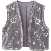Resim Kadınlar için Dantel Vintage Çiçek Desenli Kadife Yelek, Polyester V-Yaka Kolsuz Açık Ön Kartigan, Örgü Kumaş, Kış Dış Giyim İçin 
