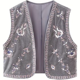 Resim Kadınlar için Dantel Vintage Çiçek Desenli Kadife Yelek, Polyester V-Yaka Kolsuz Açık Ön Kartigan, Örgü Kumaş, Kış Dış Giyim İçin 
