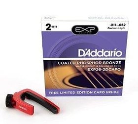 Resim D'Addario EXP26-2DCAPO EXP Serisi Akustik Gitar Tel Seti (11-52 - Coated Phosphor Bronze - 2 Set + Capo) 