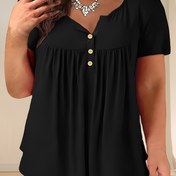 Resim Kadınların Büyük Beden Rahat Düğmeli Etekli T-Shirt'i, Yazlık Örgü Kumaş Üstü, Yuvarlak Yaka, Düz Renk, Hafif Esneklik, Büyük Boy Pulloverlar, Polyester %95 Spandex %5 - Deniz Mavisi 