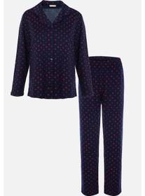 Resim Kadın Lacivert Kırmızı Kalpli Desenli Pamuklu Düğmeli Pijama Takımı Ko6101pj-2 Çok Renkli 