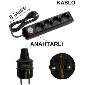 Resim Avarson 4'lü Dörtlü Priz Topraklı Anahtarlı Kablolu Siyah 3x1,5 Ttr 8 Sekiz Metre 