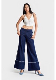 Resim Itsbasic Kadın Lacivert Renk 7w5-50/1 Wide Leg Fit Şerit Detaylı Tasarım Denim Jean 