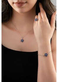 Resim 925 Ayar Safir Taşlı Rodyum Lotus Çiçeği 3'lü Gümüş Set Gümüş 