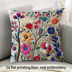 Resim 1 adet Boho Çiçekli Nakışlı Yastık Kılıfı, 45.72x45.72 cm, Süper Yumuşak Peluş, Arka Planında Canlı El Nakışlı Çiçeklerle Çift Taraflı Tasarım, Oturma Odası, Kanepe veya Yatak Odası Dekoru için Mükemmel (Sadece Kılıf), Dekoratif Yastıklar 