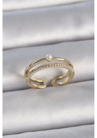 Resim Pirinç Gold Renk Zirkon Taşlı İnci Detay Ayarlanabilir Model Kadın Yüzük - Tj-byk3370 Çok Renkli 