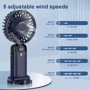 Resim Taşınabilir el tipi telefon tutuculu ve boyun askılı fan, USB şarj edilebilir, LED ekranlı durum göstergeli, beş hız ayarlı, 90 derece dönebilir, seyahat, kamp, ofis, iç mekan ve açık hava kullanımı için uygun 