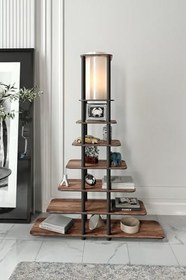 Resim SIERRAS MIDDLE Lambader – 140 cm Yükseklik, 24x100 cm Geniş Raflı Taban, Modern Ahşap Görünüm, Dekoratif Aydınlatma Ünitesi, E27 Duy Uyumlu, LED Ampul ile Kullanılabilir, Göz Yormayan Işık (Ceviz) 