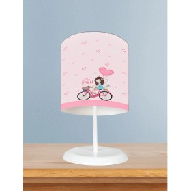 Resim Mekta Home Bebek ve Çocuk Odası Bisikletli Kız ve Kalpli Balon Desenli Pembe Abajur 