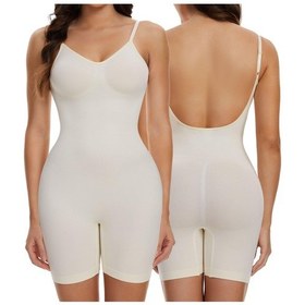 Resim Bej Kadın Shapewear Bodysuit Bel Karın Kontrol Tam Vücut Şekillendirici Şekillendirici Bel Eğitmen Şekillendirme Backless Tops 