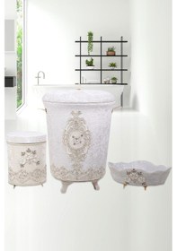 Resim Lisa Krem 3'lü Çeyizlik Dantelli Banyo Kirli Çamaşır Sepeti Seti Krem 