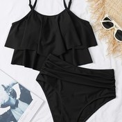Resim Solid Color 2 Parça Set Tankini, Yuvarlak Yaka Volan Hem Esnek Yüksek Kesim Mayo, Kadınların Mayo ve Giyimleri 