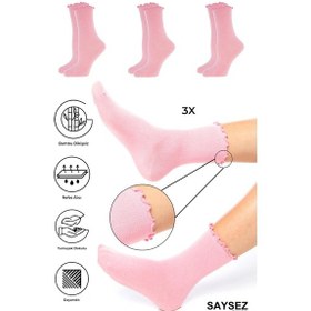 Resim Saysez Bambu Kadın Lastiksiz Pembe Fırfırlı Soket Dikişsiz Çorap 3'lü Paket / İz Bırakmaz / Sıkmayan Çorap Renkli 