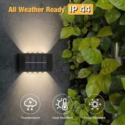 Resim 3'lü Güneş Enerjili Dış Mekan Duvar Lambaları, 10LED Yukarı ve Aşağı Güvenlik Sconces, Su Geçirmez Güneş Şarjı, Enerji Verimli Fırçalanmış Yüzey, Yarı Flush Mount Plastik Malzeme, Işık Sensörü Kontrolü, 600mAh Nikel Şarj Edilebilir Batarya, Bahçe Çit Güvenlik Aydınlatması İçin 