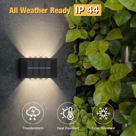 Resim 3'lü Güneş Enerjili Dış Mekan Duvar Lambaları, 10LED Yukarı ve Aşağı Güvenlik Sconces, Su Geçirmez Güneş Şarjı, Enerji Verimli Fırçalanmış Yüzey, Yarı Flush Mount Plastik Malzeme, Işık Sensörü Kontrolü, 600mAh Nikel Şarj Edilebilir Batarya, Bahçe Çit Güvenlik Aydınlatması İçin 