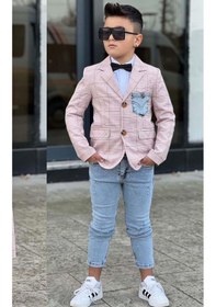 Resim Riccotarz Erkek Çocuk Çizgili Blazer Ceket Kot Pantolon Pudra Şeker Alt Üst Takım Pembe 