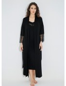 Resim Dekolteli Yakası Ve Kolu Dantelli Sabahlık Takımı 18507 Çok Renkli 