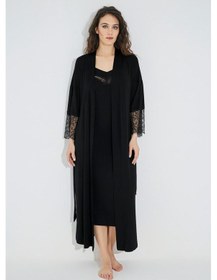 Resim Dekolteli Yakası Ve Kolu Dantelli Sabahlık Takımı 18507 Çok Renkli 