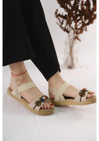 Resim Diya Tabanı Hasır Görünümlü Düğme Detaylı Kadın Sandalet 