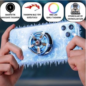 Resim Coofbe Magsafe İle Uyumlu 7000 Rpm Turbo Fan Işıklı Klipsli Buz Etkili Telefon Soğutucu Radyatör Tüm Telefonlara Uyumlu 