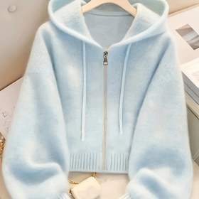 Resim Kadınlar İçin Yumuşak Pembe Fermuarlı Kapüşonlu Kardigan - Orta Esneklikli Uzun Kollu Şık Açık Ön Kazak, Sonbahar/Kış Katmanlama Temel Parçası, Kabartma Detaylı, Çıtçıtlı Kapatmalı, Rahat Giyim, Nefes Alabilen Kumaş, Trendi Üstler 