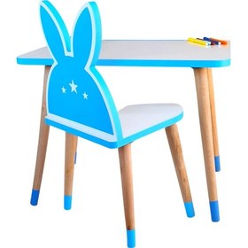 Resim Çocuk Ders Çalışma Masa Ve Sandalye Takımı 2-6 Yaş Mavi Tavşanlı 