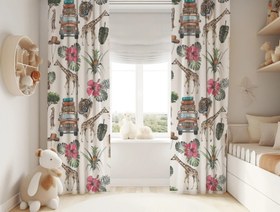 Resim Halı Vagonu HV148 Safari Desenli Çocuk Odası Kadife Kumaş Fon Perde - 70x220 / Çift Kanat 