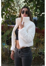 Resim Keyifli Moda Kadın Beyaz Dik Yaka Şal Desenli Lüx Kısa Şişme Mont - 42 Beyaz 
