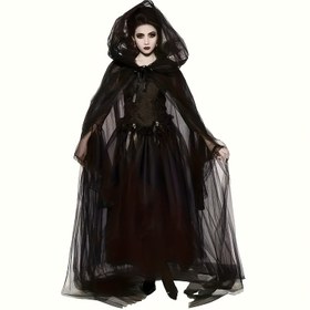 Resim Kadınlar için Şık Çift Katmanlı Cadı Çapası, Şapkalı - Hafif Polyester Gotik Kostüm, Püskül Detaylarla, Akıcı Siyah Cape, İnce Tabaka ve Sivri Kapüşonlu Halloween Temalı Partiler, Rol Yapma Oyunlarına Uygun Kolay Bakım & Rahat Fit, Büyücüler ve Gothic Moda Tutkunları İçin Mükemmel Hediye, Plus Boyutta Bayanlar İçin Haloween Elbisesi 