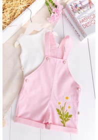 Resim Babymod Çiçek Nakışlı 100% Pamuk Kız Bebek 2'li Salopet Tulum Pembe 