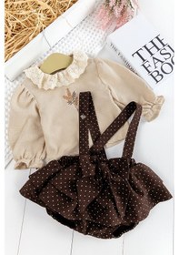 Resim Puantiye Desenli Fiyonklu 2'li Kız Bebek Salopet Tulum Takım Bebek Elbise Kahverengi 