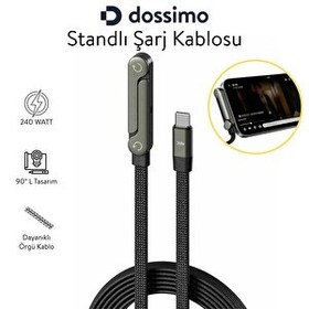 Resim Dossimo 240W Ultra Hızlı Type-C Şarj Data Kablosu Katlanabilir Standlı 1.5 M Örgülü 2 In 1 Stand - Şarj Kablosu 