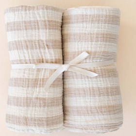 Resim Çizgili İnce Müslin Bebek Örtüsü 2'li Set 100x100 cm Bej 