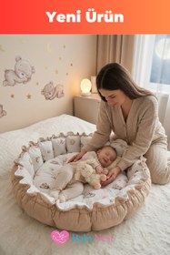 Resim Premium Yuvarlak Oyun Minderi – %100 Pamuk, Ultra Yumuşak Dolgu, Geniş İç Alan, Emniyetli Kenar Bariyerli, Bebek Uyku ve Oyun Yatağı 