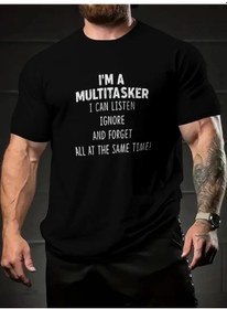 Resim Barlashive Erkek T-shirt Komik 'multitasker' Baskılı Kısa Kol Tişört - Siyah Çok Renkli 