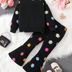 Resim Genç Kız 2 Parça Set: Şirin Renkli Çiçek Desenli Kalp Baskılı Omuz Açık Kazak ve Geniş Paça Pantolon Kombini, Sonbahar/Kış İçin Mükemmel - Günlük Kullanım, Okul, Ev, Tatil için Rahat, Şık, Çok Yönlü, Dış Mekan Kullanımı 